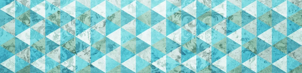 Alte türkisfarbene weiße Vintage abgenutzte schäbige Patchwork-Motivfliesen Stein Betonzement Wandtapete Textur Hintergrund Banner Panorama, mit geometrischem sechseckigem Sechseck-Dreieck-Druck aus Damast © Corri Seizinger