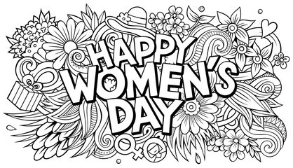 Fototapeta na wymiar Happy Womans Day hand drawn cartoon doodles illustration. Funny holiday design.