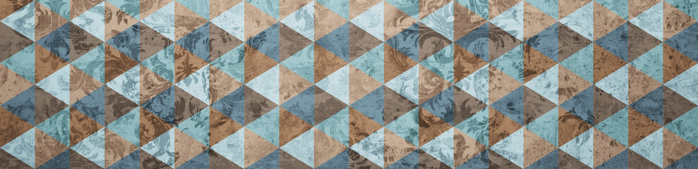Old brown gray grey brown blue vintage worn shabby patchwork motif tiles stone concrete cement wall wallpaper texture background banner panorama, with damask geometric hexagonal hexagon triangle print