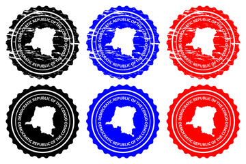 Democratic Republic of the Congo - rubber stamp - vector, Democratic Republic of the Congo map pattern - sticker - black, blue and red