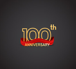 100 anniversary logotype design with line golden color and red ribbon isolated on dark background can be use for celebration, party, birthday and special moment