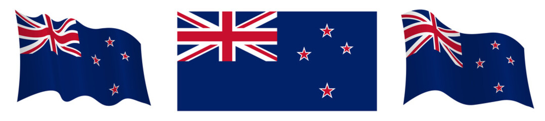 Flag of New zealand in static position and in motion, fluttering in the wind in exact colors and sizes, on white background