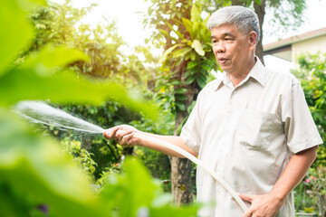 A happy and smiling Asian old elderly man is watering plants and flowers for a hobby after retirement in a home. Concept of a happy lifestyle and good health for seniors.