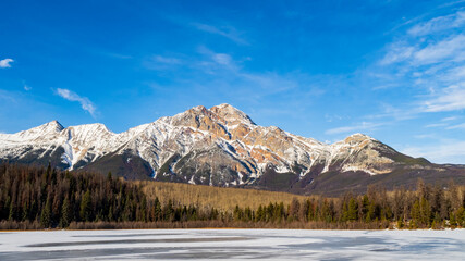 Panoramic winter view of Pyramid mountain, within Jasper National Park, Canada