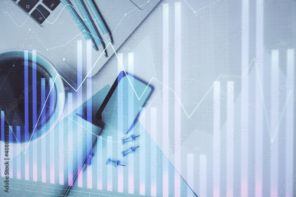 Aufkleber double exposure of forex graph drawing over desktop background with computer. concept of financial a