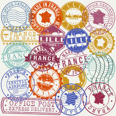 Lille France Set of Stamps. Travel Stamp. Made In Product. Design Seals Old Style Insignia.