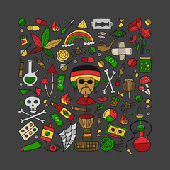 Drugs addiction. Say no to drugs. Rasta collection with skull, marijuana, drum, pills, music symbols