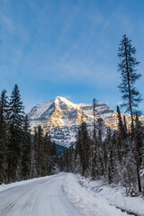 Snowy road leading to Mount Robson, in British Columbia, Canada