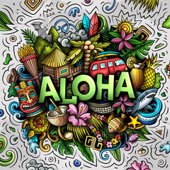 Aloha hand drawn cartoon doodle illustration. Funny Hawaiian design