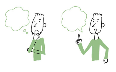 困った顔と笑顔の男性とフキダシ　上半身