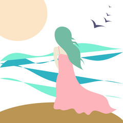 Fantasy girl with blue long hair standing in front of the sea observing waves swaying, sunrise and birds flying. Her dress and hair are fluttering in the wind. Dreamy composition in muted colors.