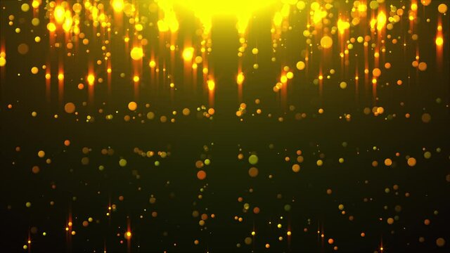 Golden rain. Round blinks melt in rays of light, 3D rendering. Computer generated beautiful backdrop