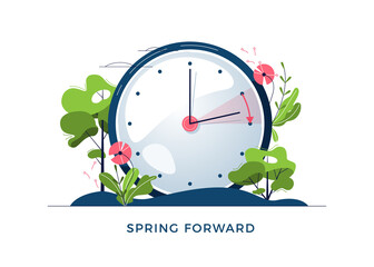 Daylight Saving Time concept. The clocks moves forward one hour. Floral landscape with text Spring Forward, the hand of the clocks turning to summer time, for website design. Flat vector illustration - 408809922