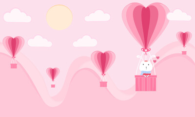 Little bunny in pink balloon Happy valentines day