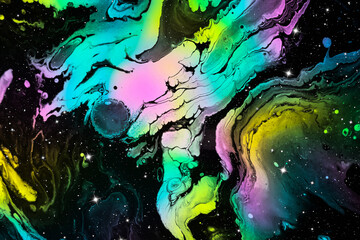 acrylic pouring colorful space artwork - obrazy, fototapety, plakaty