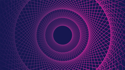 Abstract vortex pattern. Tunnel or warmhole grid. Wireframe circle tech backdrop. Futuristic ripple or echo effect. Purple on blue background. Intertwined lines make a sphere. Vector illustration. 
