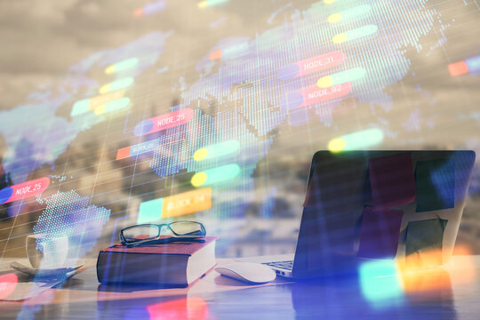 Multi exposure of data theme drawings and desk with open notebook background. Concept of education - Powered by Adobe