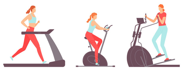 Young women are doing exercises on cardio machines. Treadmill, ellipse, exercise bike. Healthy lifestyle. Characters isolated on white background. Vector illustration in hand drawn flat style.