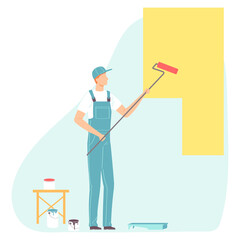 Worker in uniform paints the wall with a roller. Man making house or home apartment interior renovation. Cartoon flat man builder character. Vector illustration.