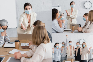 Fototapeta na wymiar collage of team leader in medical mask near multicultural businesswomen during meeting