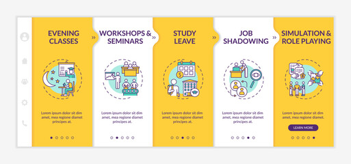 Employee training and development types onboarding vector template. Evening classes. Job shadowing. Responsive mobile website with icons. Webpage walkthrough step screens. RGB color concept