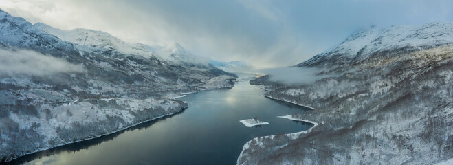 loch leven near kinlochleven in the argyll region of the highlands of scotland during a winter snow storm