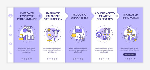 Employee training and developing benefits onboarding vector template. Worker performance. Reducing weaknesses. Responsive mobile website with icons. Webpage walkthrough step screens. RGB color concept