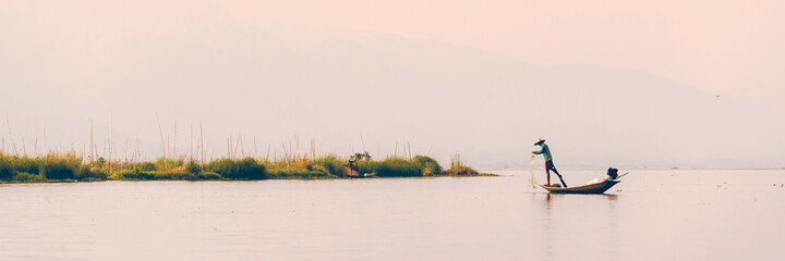 Panorama of Inle lake with an Intha traditional fisherman, Burma, Myanmar