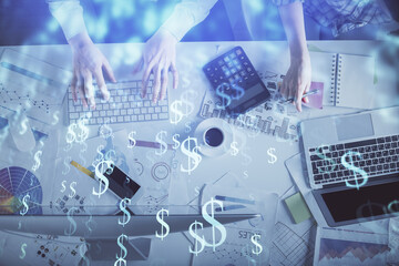 Double exposure of man and woman working together and financial chart hologram drawing. market analysis concept. Computer background. Top View.