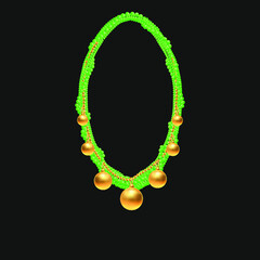 Green beaded necklace with creative pendants. 3d vector illustration.