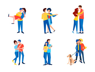 Fototapeta na wymiar A set of vector images of couples in love dancing, hugging, chatting in a relaxed atmosphere