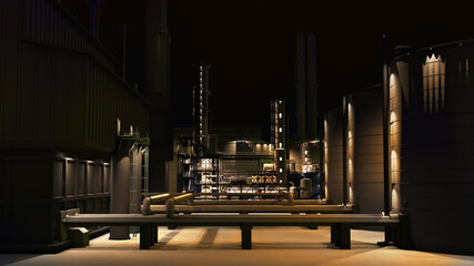 Night light on oil and gas refinery industrial.3d rendering.