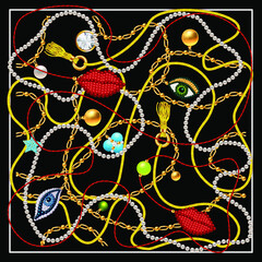Scarf design with cord, jewelry, chains, beadworks and crystals. 3d vector illustration.