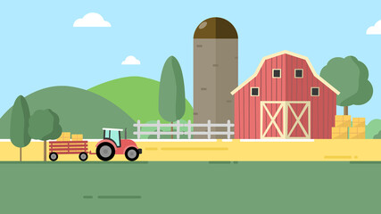 Organic agriculture produce organic food for people have good health.  A tractor is collecting haystack to store at barn. Farm in countryside in clear blue sky day. A tractor is harvesting crop at far