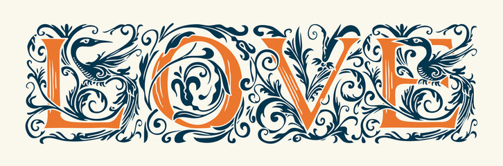 Ornate inscription Love in the form of hand-drawn initial letters in vintage style. Suitable for design t-shirts, cards, Valentines, wedding invitations. Vector red and black lettering stylish text