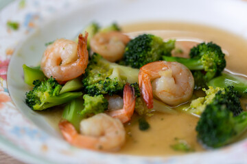 Close Up of Broccoli Fried With Shrimps or Prawns is Thai Traditional food of Thailand.
