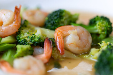 Close Up of Broccoli Fried With Shrimps or Prawns is Thai Traditional food of Thailand.