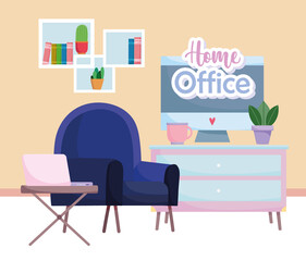 home office interior computer on table chair televisor and shelves with books plants