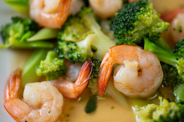 Close Up of Broccoli Fried With Shrimps or Prawns is Thai Traditional food of Thailand.