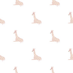 Isolated seamless pattern with doodle light pink giraffe silhouettes. White background. Safari print.
