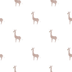 Decorative seamless pattern with cartoon grey giraffe silhouettes. White background. Minimalistic style.
