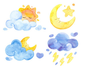 Watercolor illustration. Clouds, sun, rain, moon. Cartoon weather isolated on white background.
