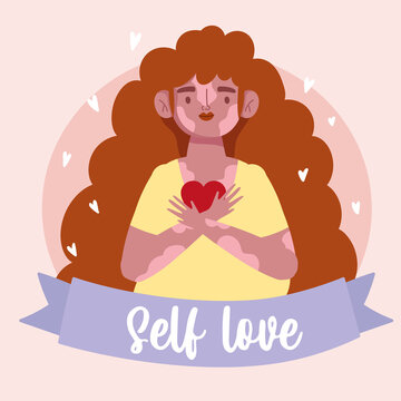 girl with vitiligo holds heart cartoon character self love