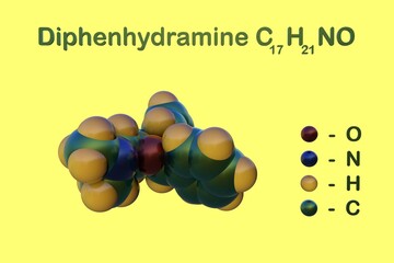 Structural chemical formula and molecular model of diphenhydramine, a first generation antihistamine and ethanolamine with sedative and anti-allergic properties. 3d illustration - obrazy, fototapety, plakaty