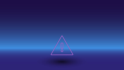 Neon warning symbol on a gradient blue background. The isolated symbol is located in the bottom center. Gradient blue with light blue skyline