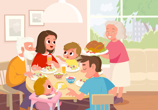 Vector. Portrait of family having meal dinner sitting around the table. Three generations gathered at the table. All members of full big young whole family together at home in living room at week end.