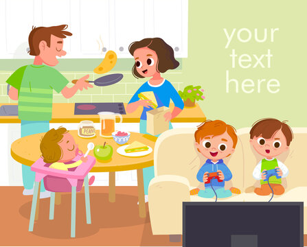 Vector portrait of full big young family, all members gather together at home at week end in house interior,in shared living common room space.Family daily activities. Father cooking pancakes.