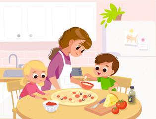 Mother with children preparing, cook homemade pizza. Mom with kids, son and daughter in kitchen teaches, learn how to cook.