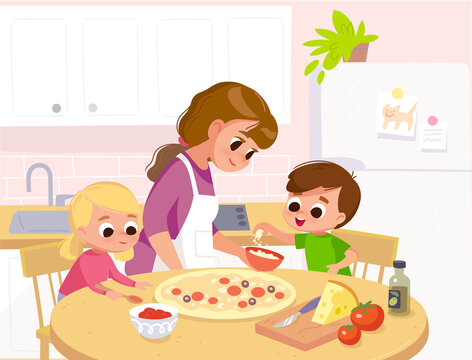 Mother With Children Preparing, Cook Homemade Pizza. Mom With Kids, Son And Daughter In Kitchen Teaches, Learn How To Cook.