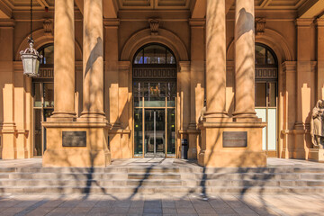 Entrance area to the building of the German Stock Exchange in Frankfurt. Steps to the entrance with...